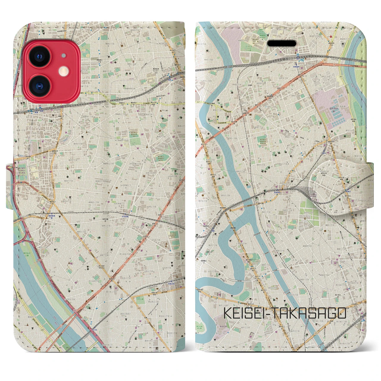 【京成高砂】地図柄iPhoneケース（手帳両面タイプ・ナチュラル）iPhone 11 用