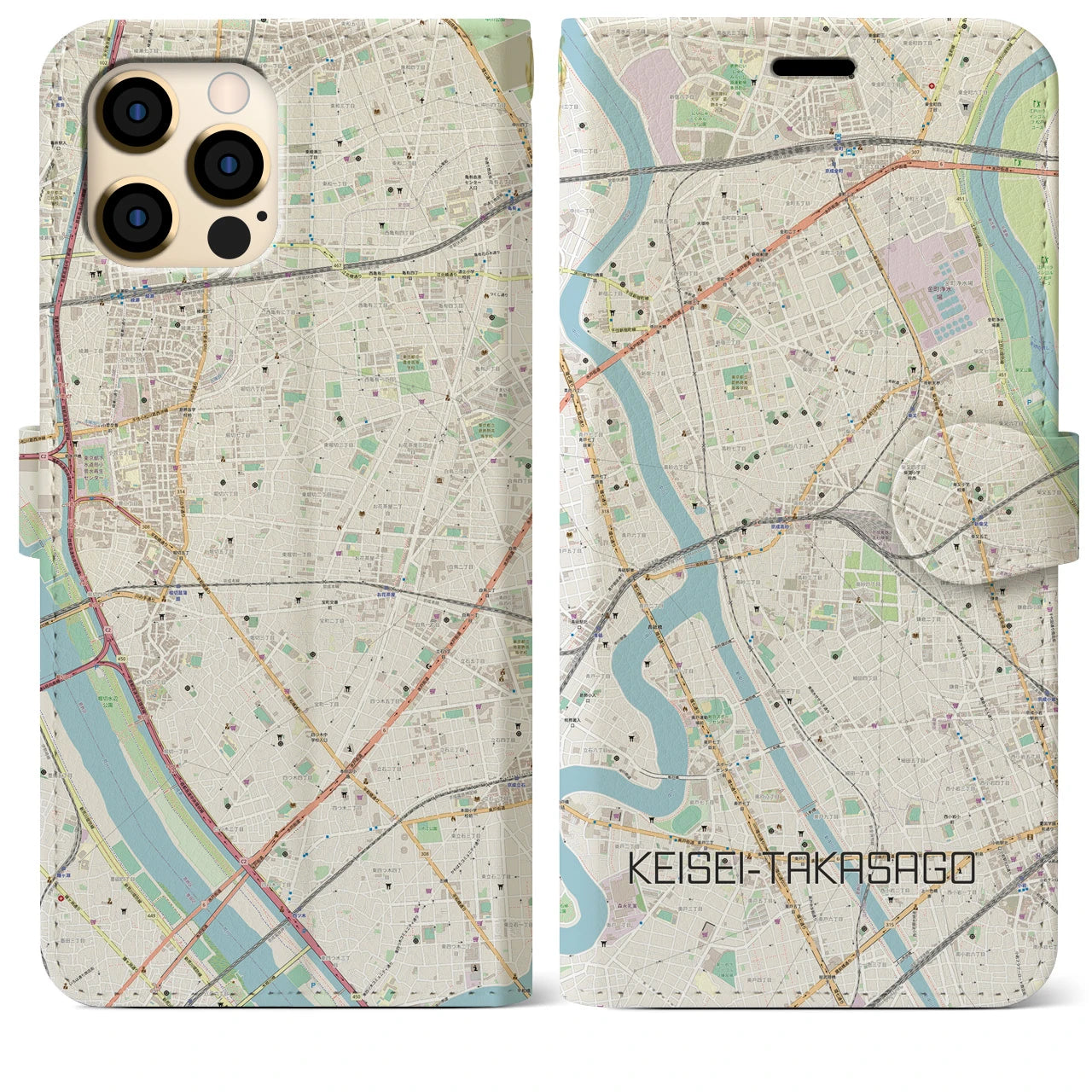 【京成高砂】地図柄iPhoneケース（手帳両面タイプ・ナチュラル）iPhone 12 Pro Max 用