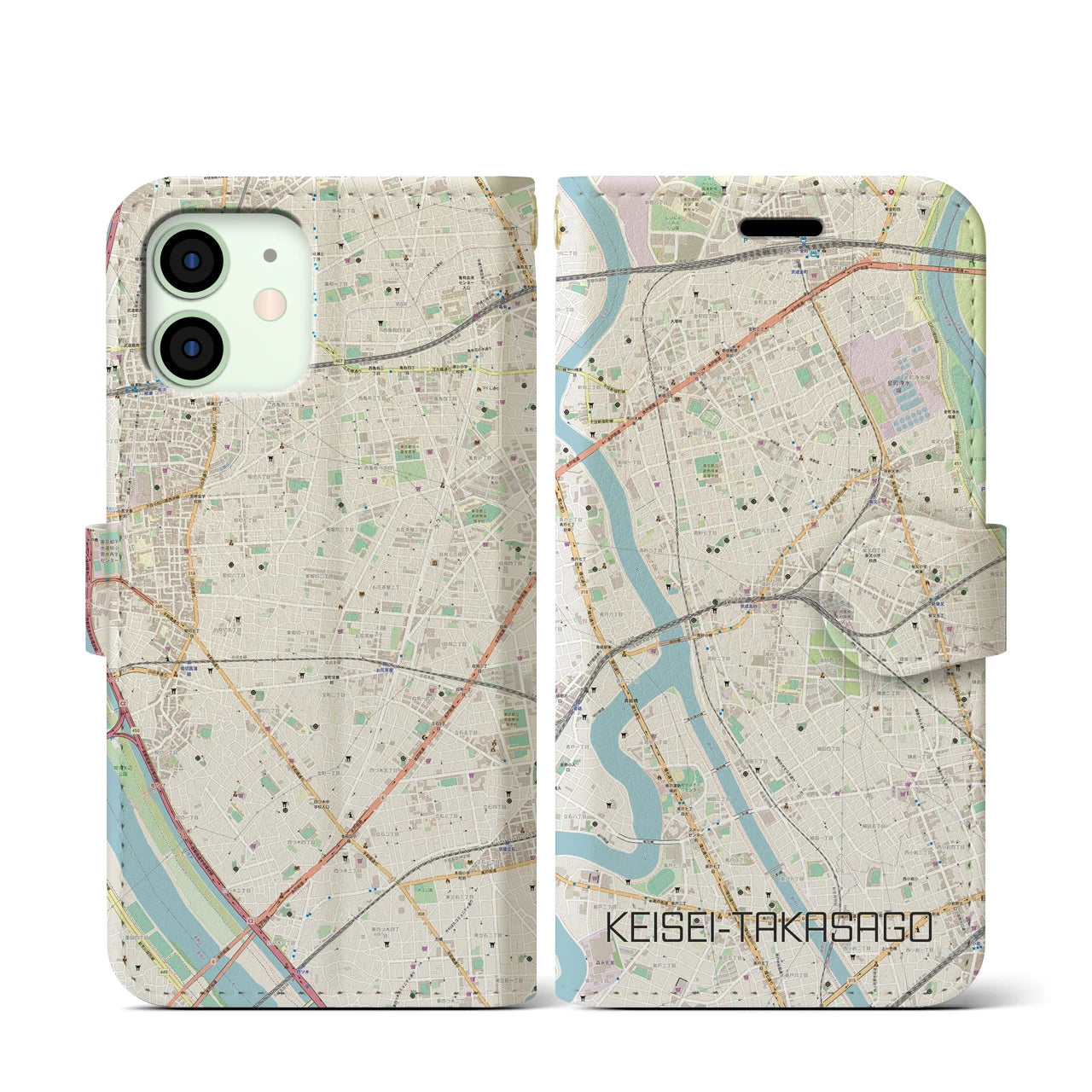 【京成高砂】地図柄iPhoneケース（手帳両面タイプ・ナチュラル）iPhone 12 mini 用