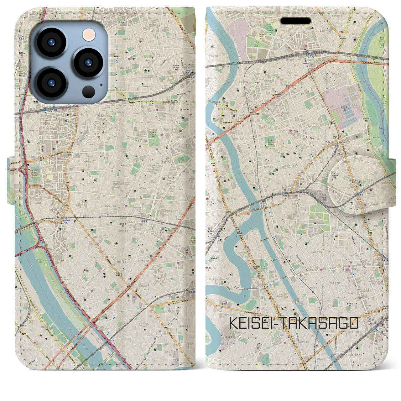 【京成高砂】地図柄iPhoneケース（手帳両面タイプ・ナチュラル）iPhone 13 Pro Max 用