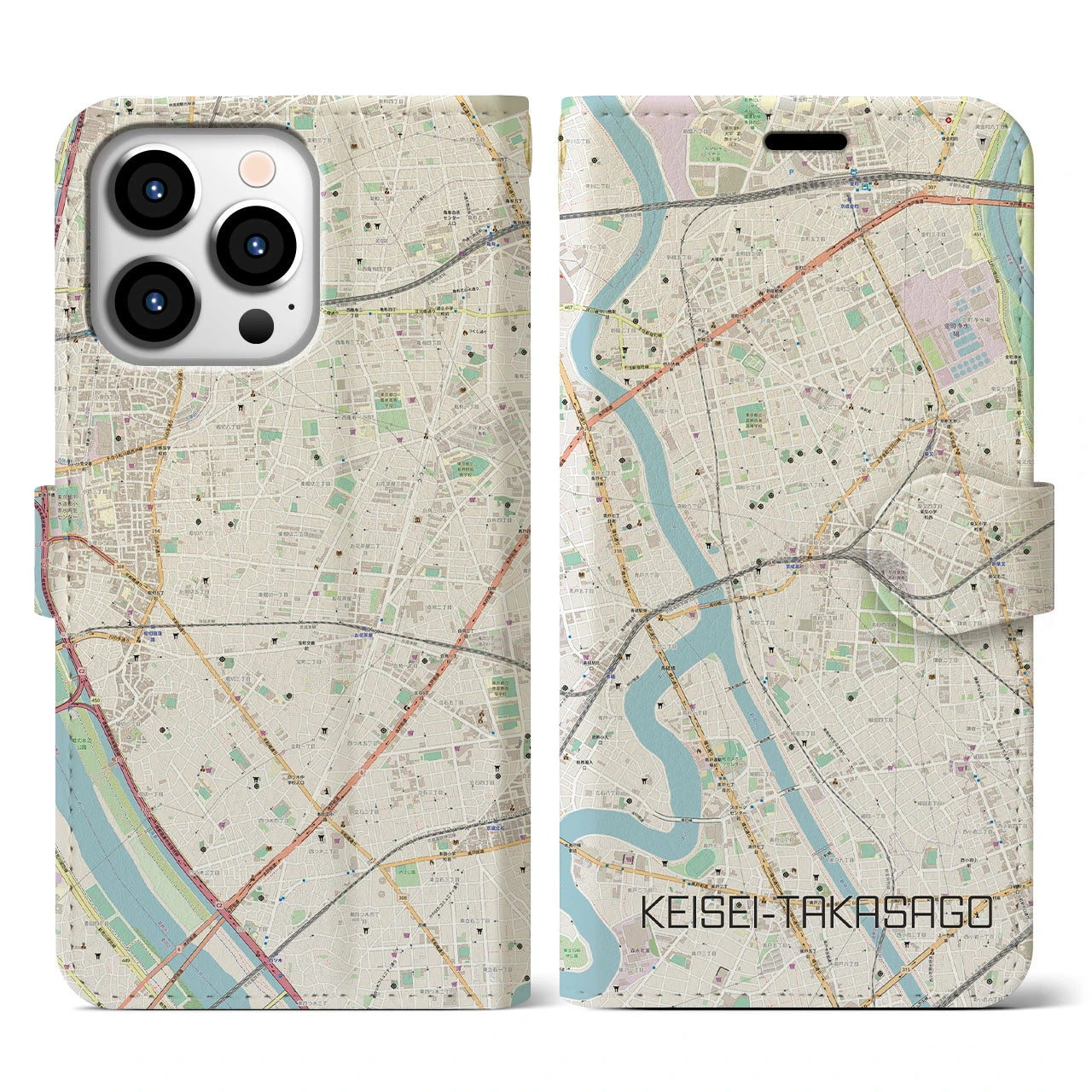 【京成高砂】地図柄iPhoneケース（手帳両面タイプ・ナチュラル）iPhone 13 Pro 用