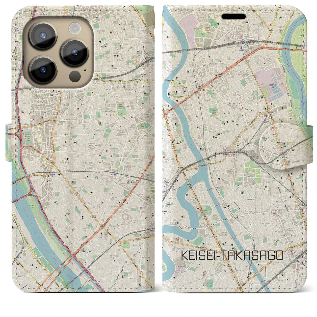 【京成高砂】地図柄iPhoneケース（手帳両面タイプ・ナチュラル）iPhone 14 Pro Max 用