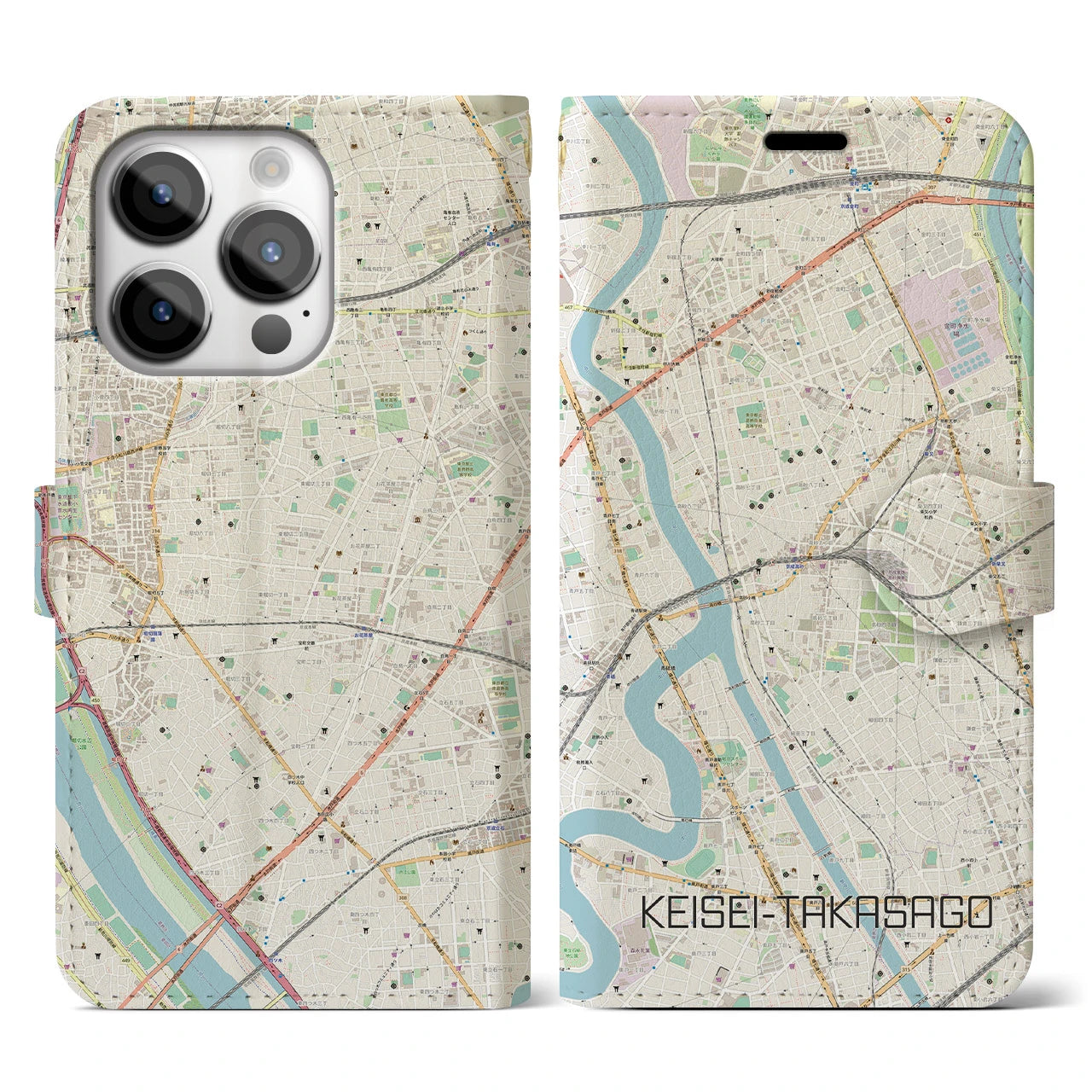 【京成高砂】地図柄iPhoneケース（手帳両面タイプ・ナチュラル）iPhone 14 Pro 用