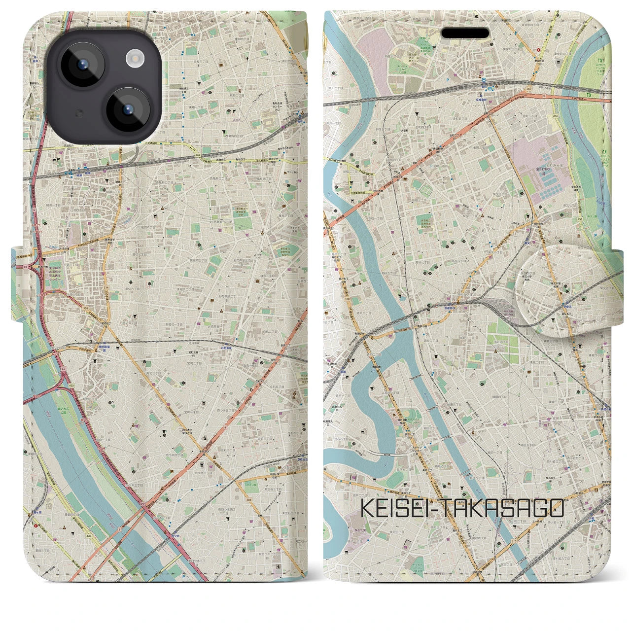【京成高砂】地図柄iPhoneケース（手帳両面タイプ・ナチュラル）iPhone 14 Plus 用
