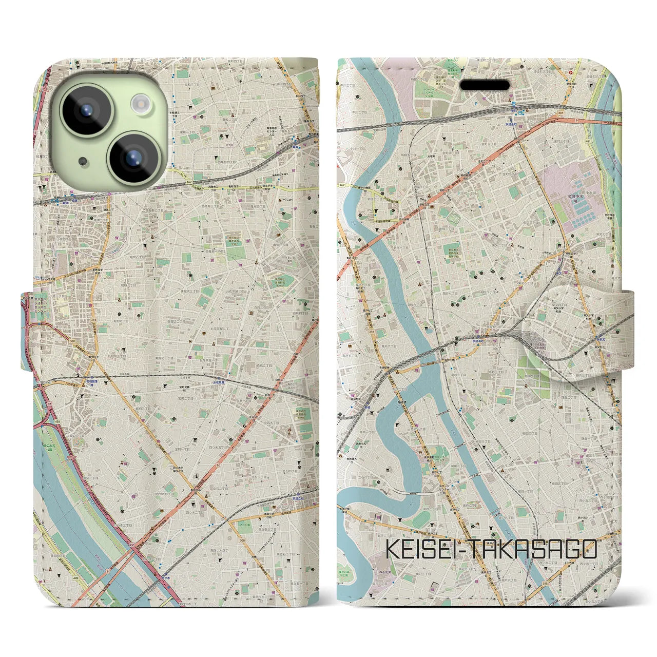 【京成高砂】地図柄iPhoneケース（手帳両面タイプ・ナチュラル）iPhone 15 用