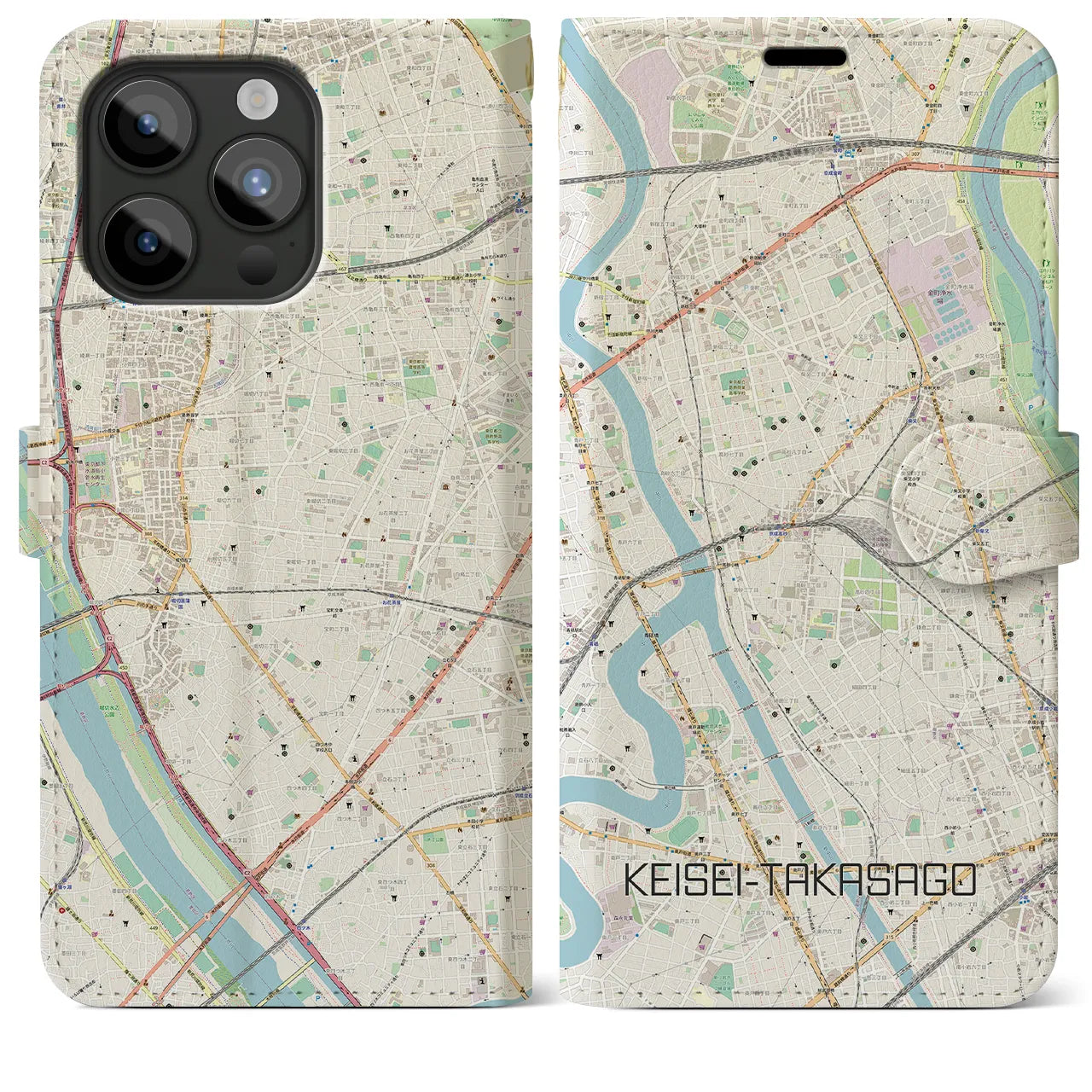 【京成高砂】地図柄iPhoneケース（手帳両面タイプ・ナチュラル）iPhone 15 Pro Max 用