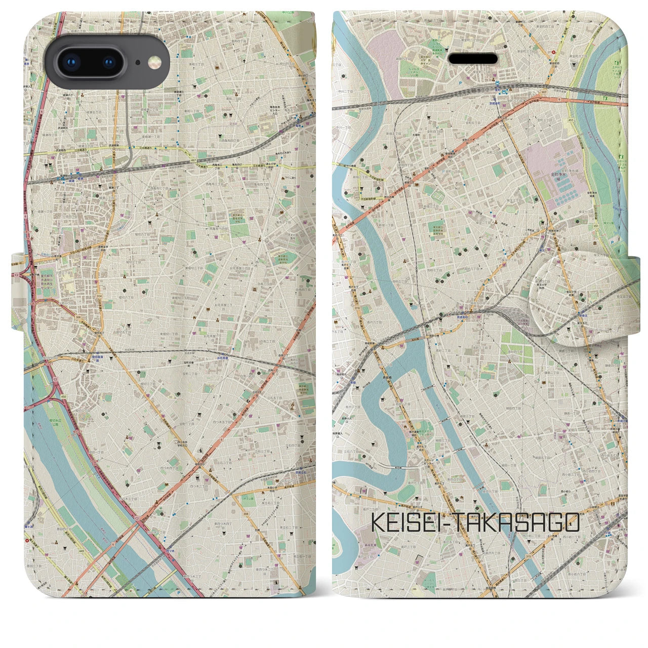 【京成高砂】地図柄iPhoneケース（手帳両面タイプ・ナチュラル）iPhone 8Plus /7Plus / 6sPlus / 6Plus 用