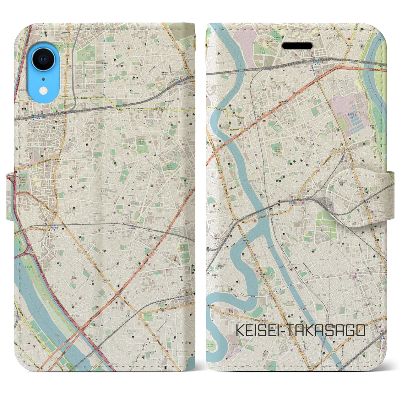 【京成高砂】地図柄iPhoneケース（手帳両面タイプ・ナチュラル）iPhone XR 用