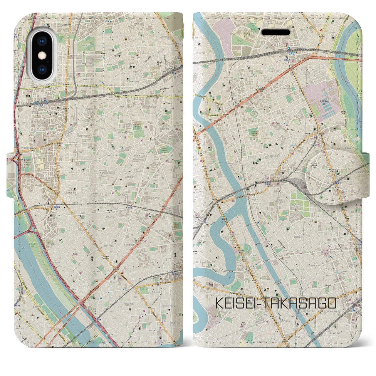 【京成高砂】地図柄iPhoneケース（手帳両面タイプ・ナチュラル）iPhone XS Max 用