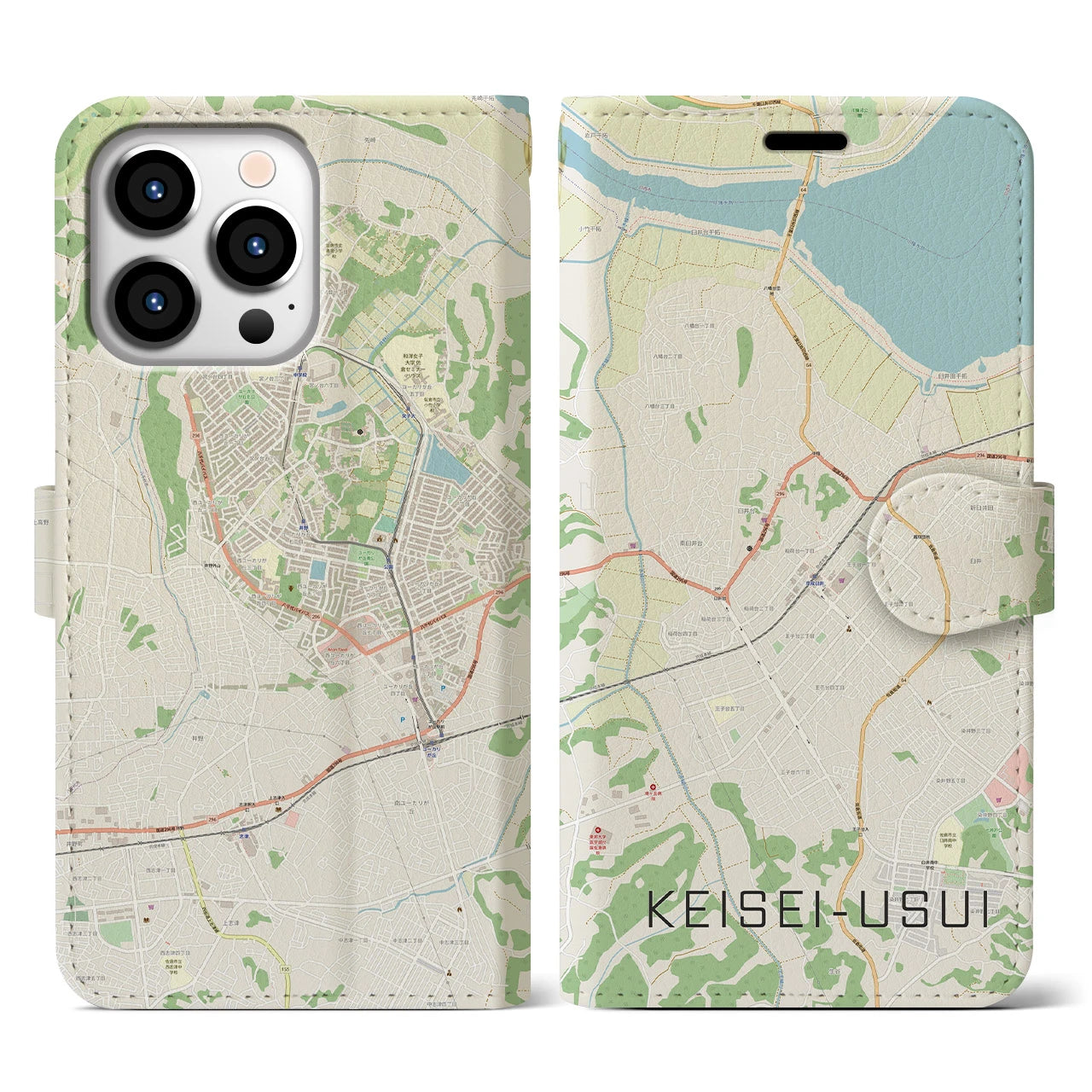 【京成臼井】地図柄iPhoneケース（手帳両面タイプ・ナチュラル）iPhone 13 Pro 用