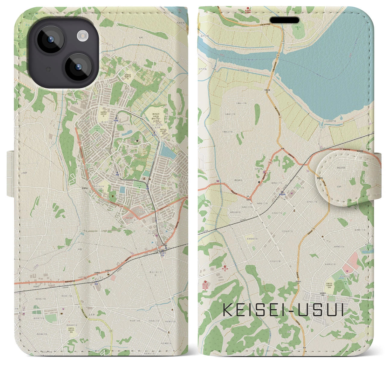 【京成臼井】地図柄iPhoneケース（手帳両面タイプ・ナチュラル）iPhone 14 Plus 用