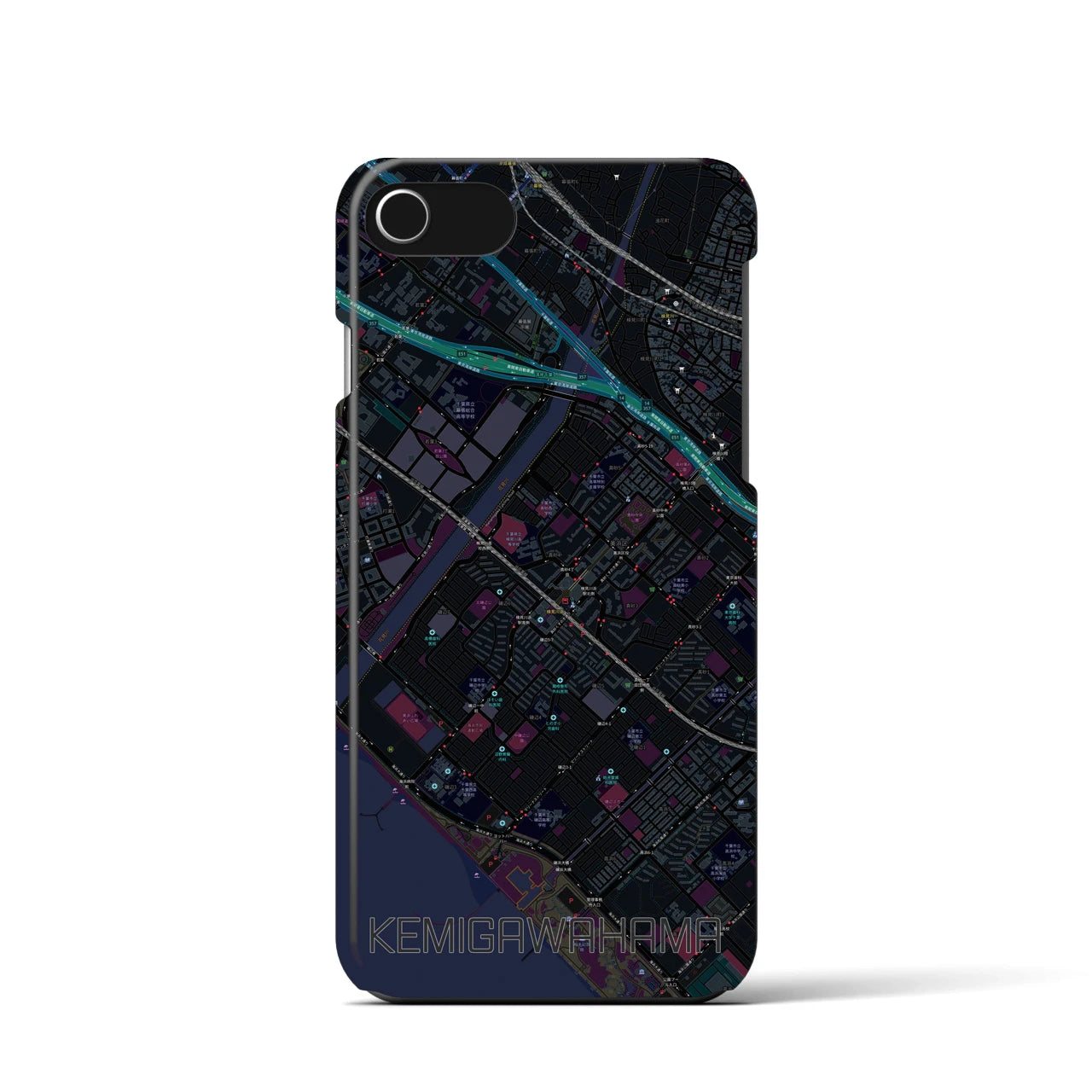 【検見川浜】地図柄iPhoneケース（バックカバータイプ・ブラック）iPhone SE（第3 / 第2世代） / 8 / 7 / 6s / 6 用