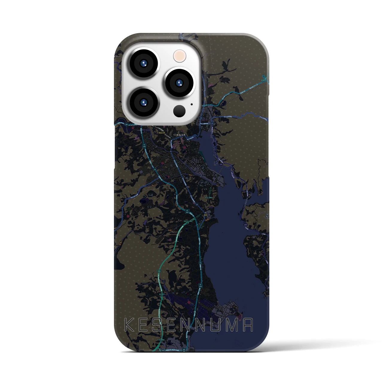 【気仙沼】地図柄iPhoneケース（バックカバータイプ・ブラック）iPhone 13 Pro 用