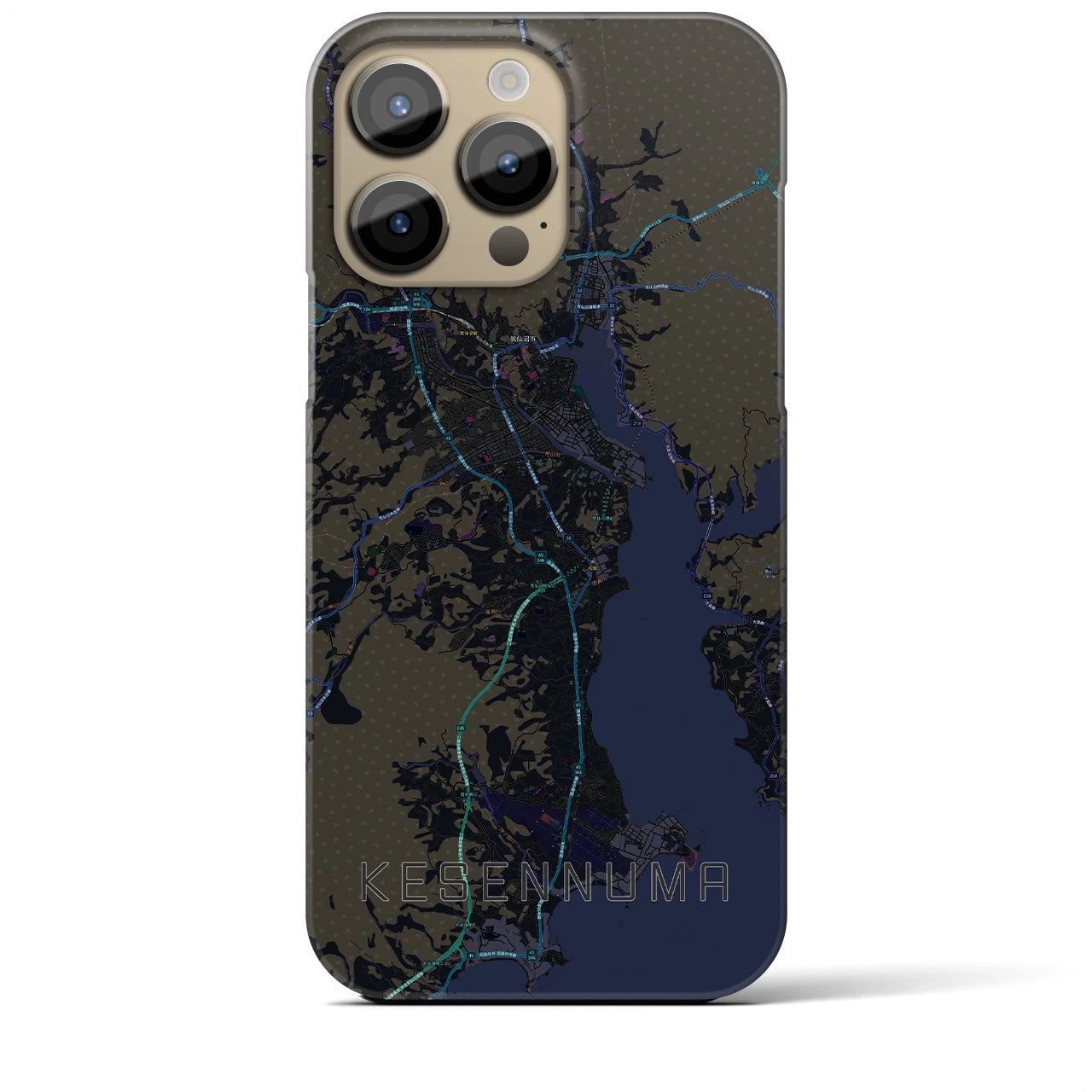【気仙沼】地図柄iPhoneケース（バックカバータイプ・ブラック）iPhone 14 Pro Max 用