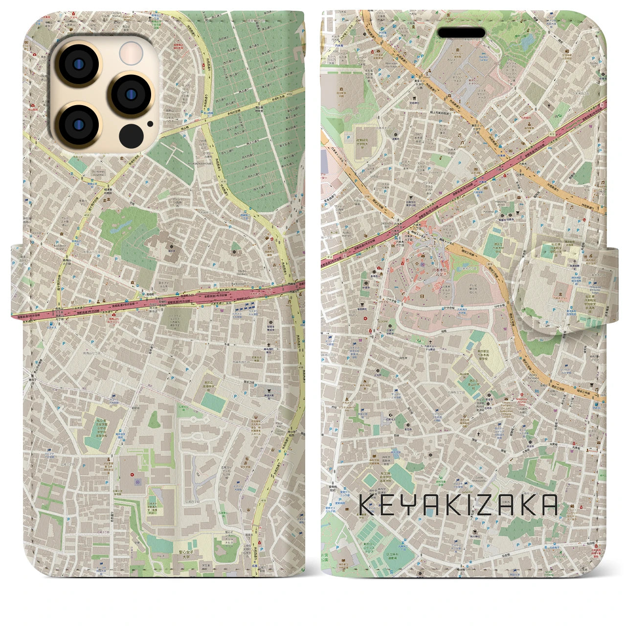 【けやき坂】地図柄iPhoneケース（手帳両面タイプ・ナチュラル）iPhone 12 Pro Max 用