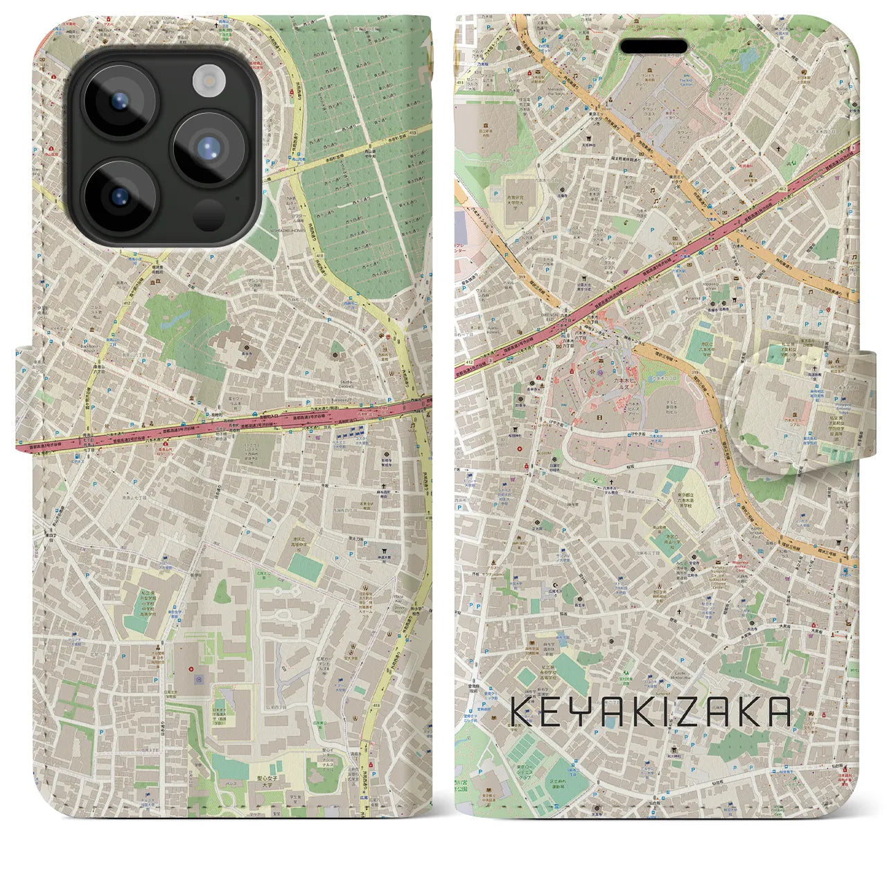 【けやき坂】地図柄iPhoneケース（手帳両面タイプ・ナチュラル）iPhone 15 Pro Max 用