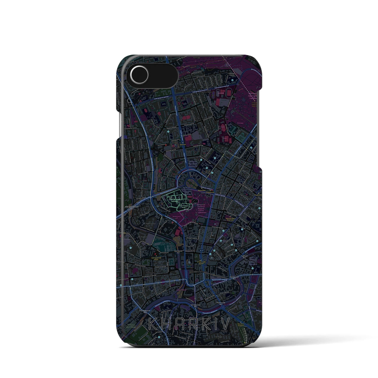 【ハルキウ】地図柄iPhoneケース（バックカバータイプ・ブラック）iPhone SE（第3 / 第2世代） / 8 / 7 / 6s / 6 用