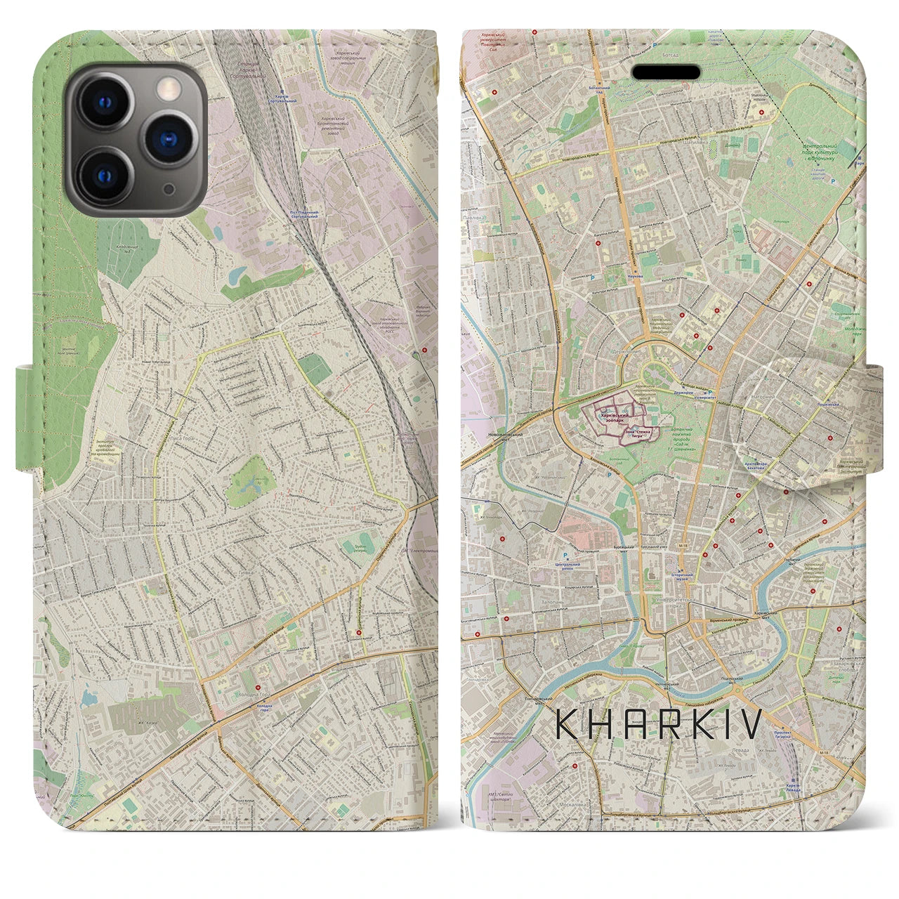【ハルキウ】地図柄iPhoneケース（手帳両面タイプ・ナチュラル）iPhone 11 Pro Max 用