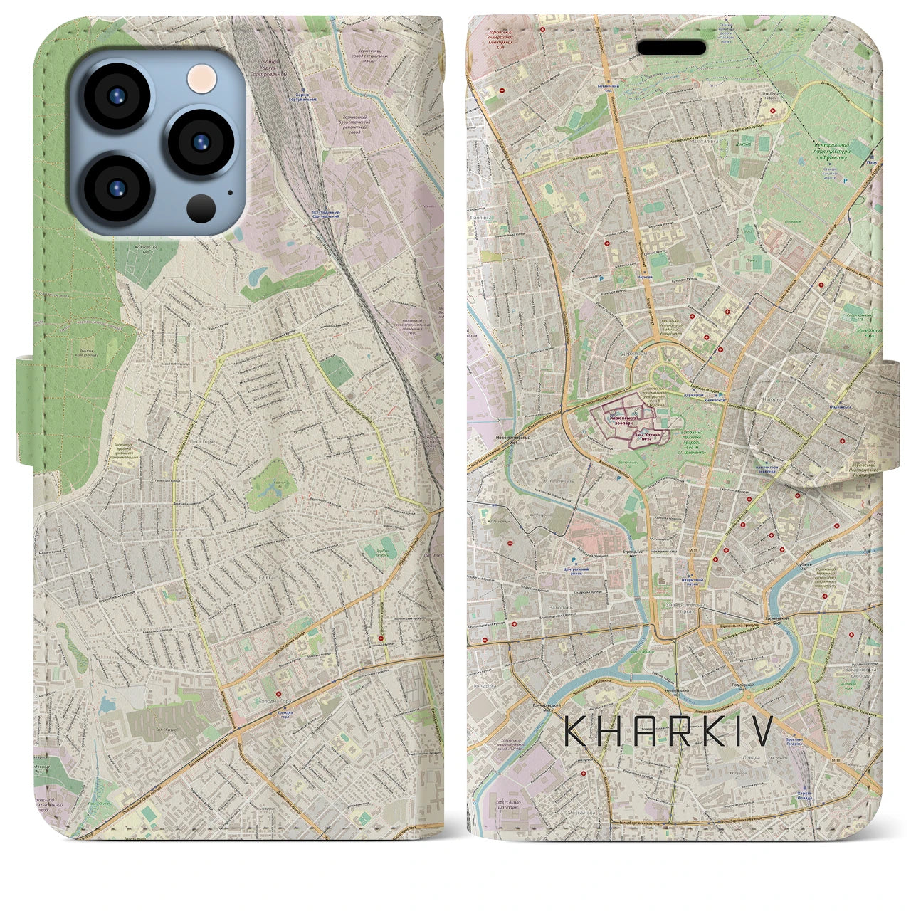 【ハルキウ】地図柄iPhoneケース（手帳両面タイプ・ナチュラル）iPhone 13 Pro Max 用