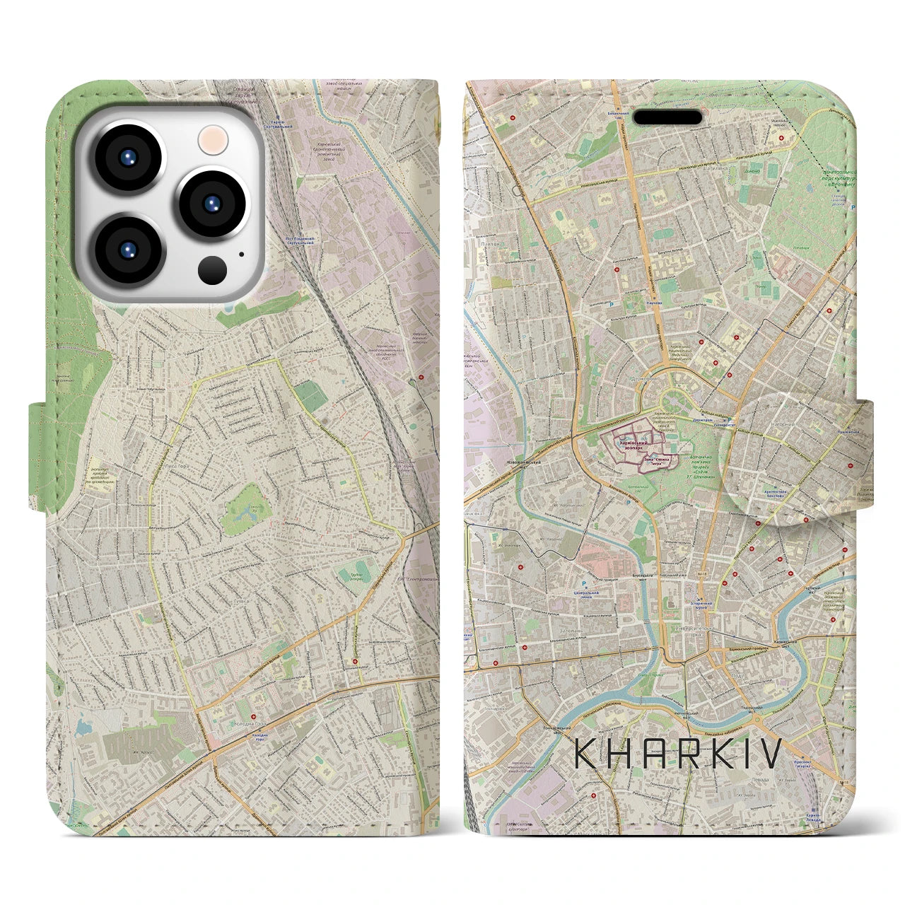 【ハルキウ】地図柄iPhoneケース（手帳両面タイプ・ナチュラル）iPhone 13 Pro 用