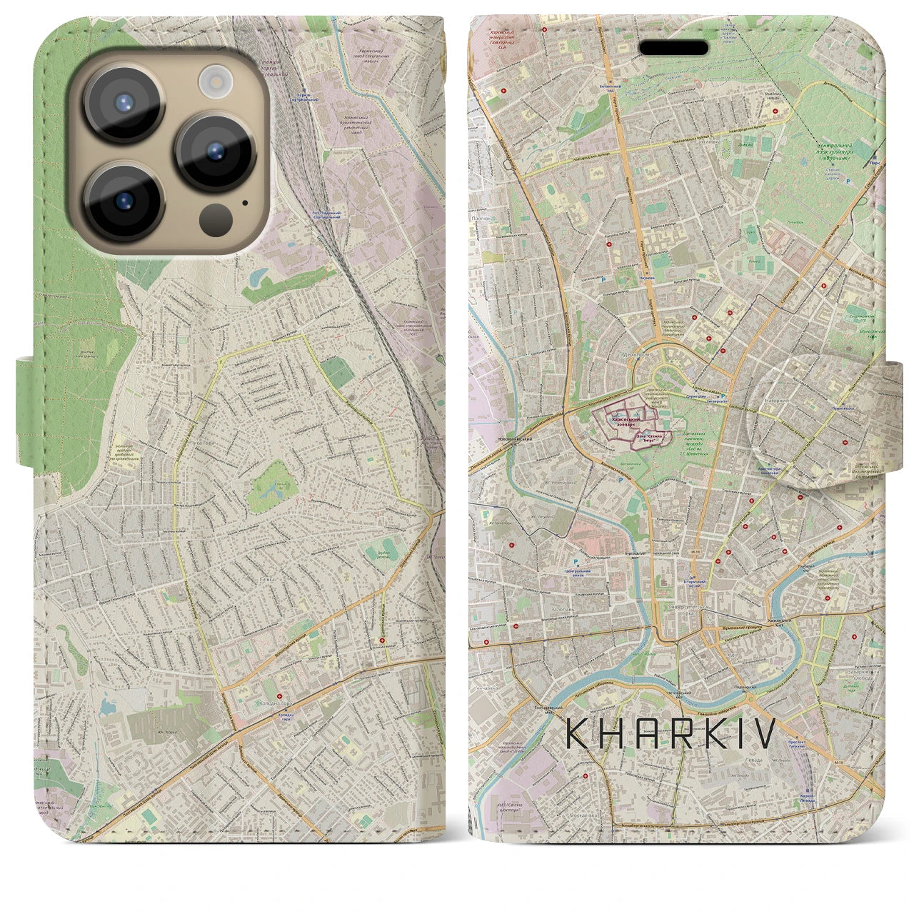 【ハルキウ】地図柄iPhoneケース（手帳両面タイプ・ナチュラル）iPhone 14 Pro Max 用