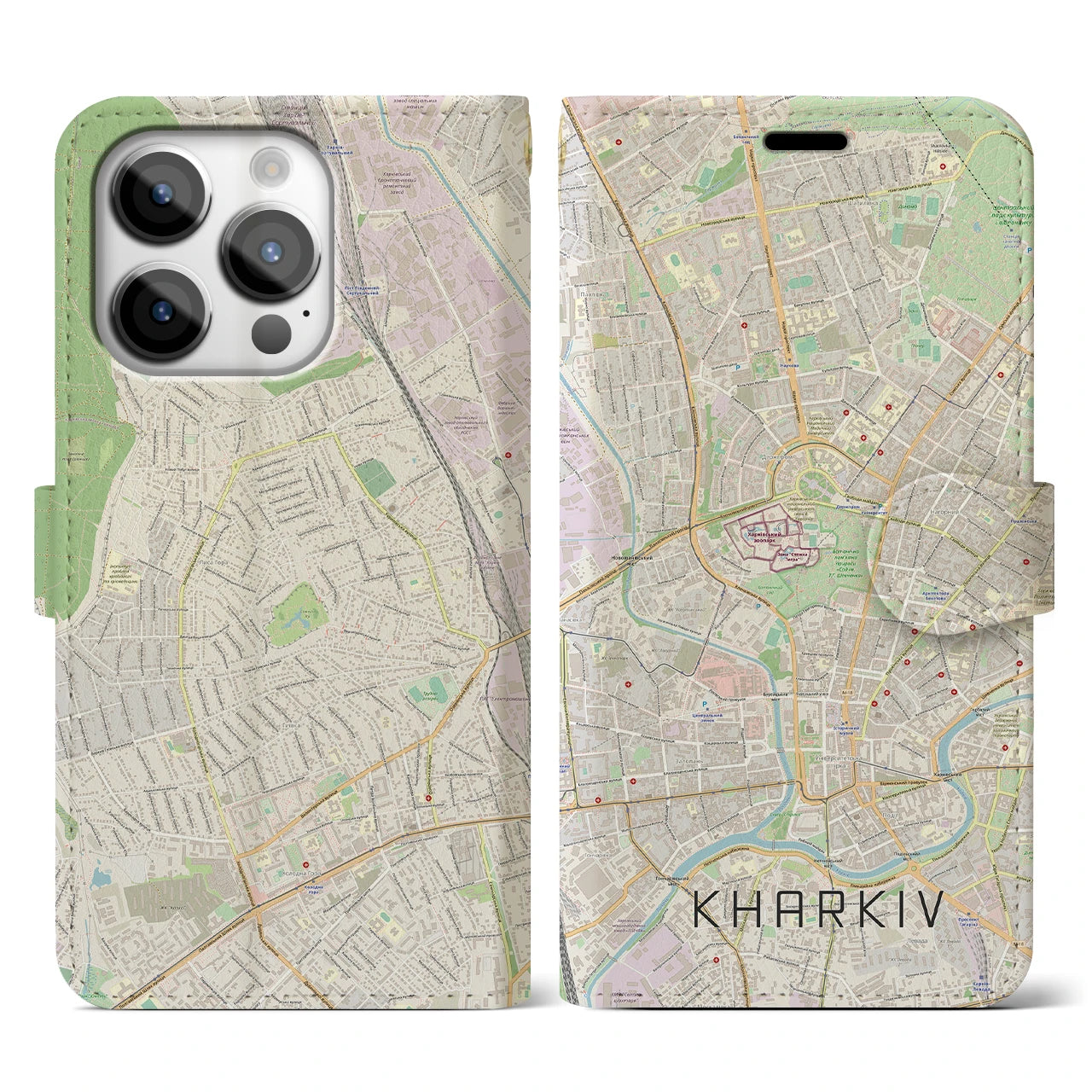 【ハルキウ】地図柄iPhoneケース（手帳両面タイプ・ナチュラル）iPhone 14 Pro 用