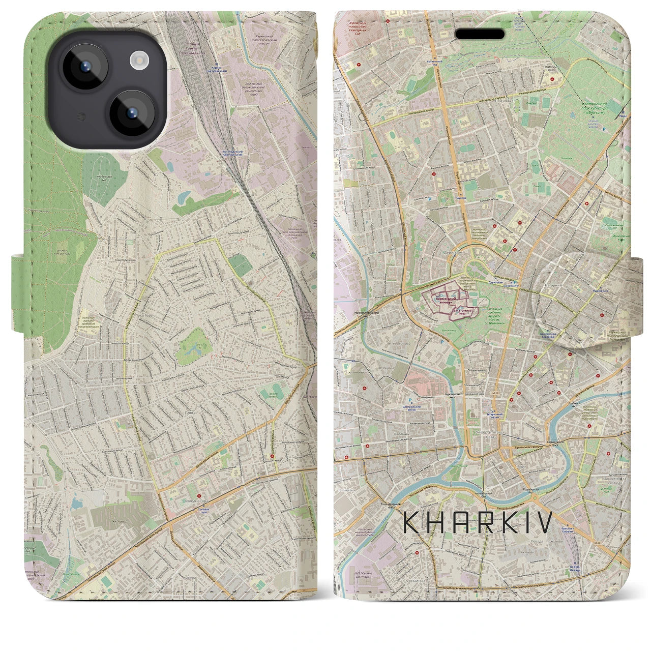 【ハルキウ】地図柄iPhoneケース（手帳両面タイプ・ナチュラル）iPhone 14 Plus 用