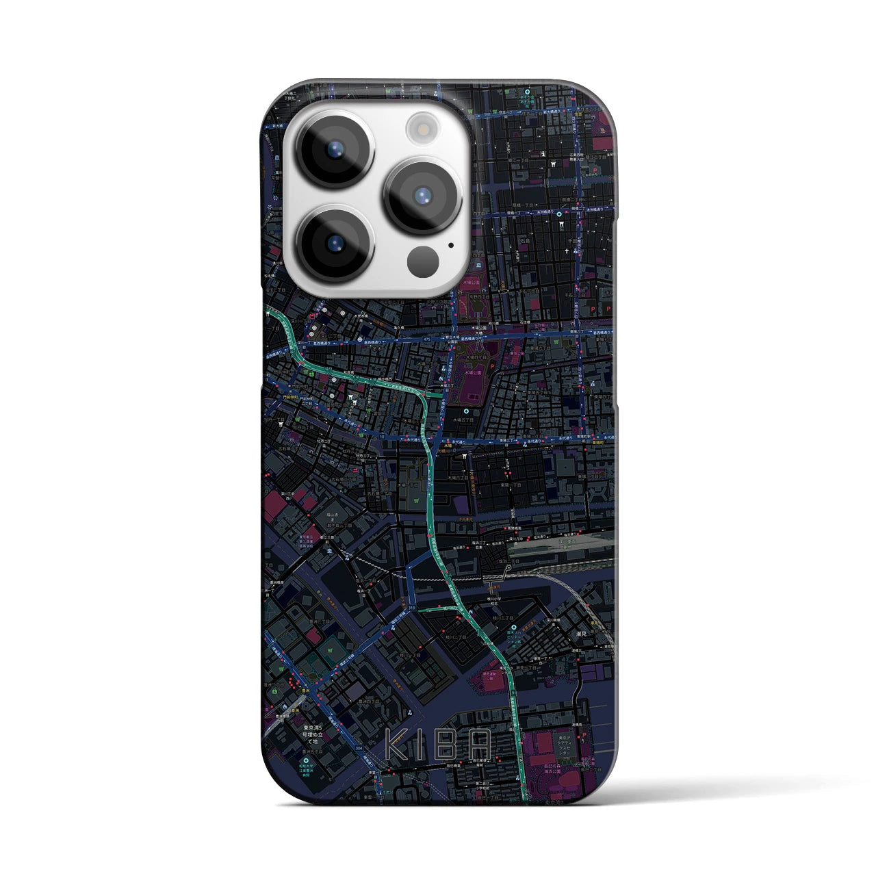 【木場】地図柄iPhoneケース（バックカバータイプ・ブラック）iPhone 14 Pro 用