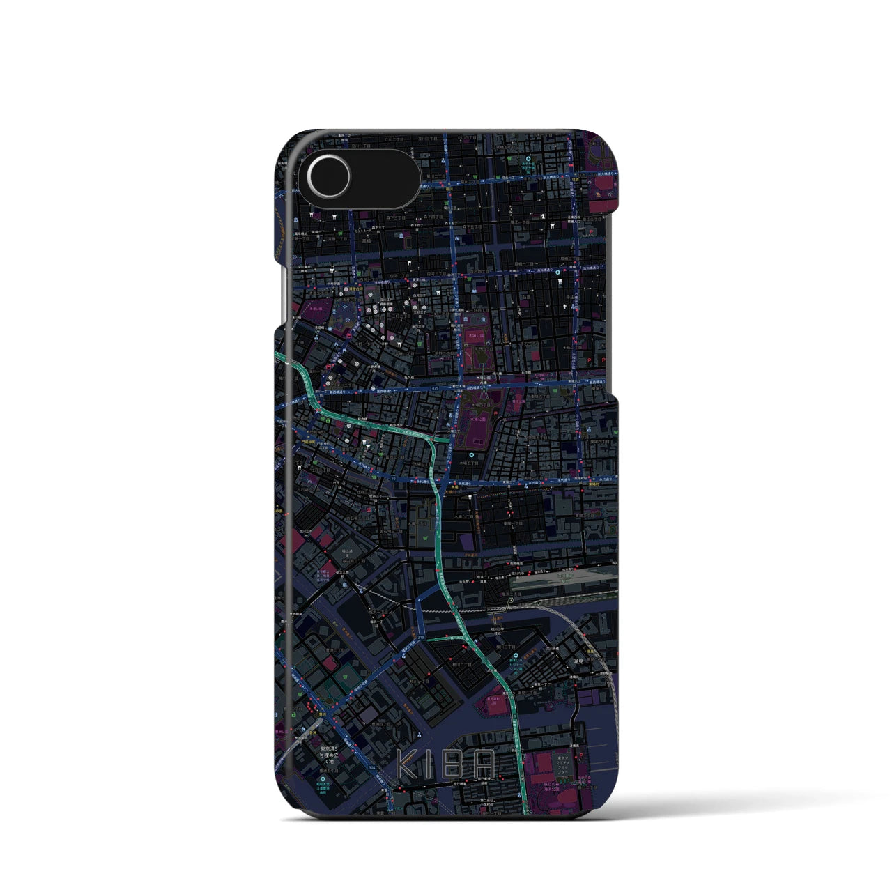 【木場】地図柄iPhoneケース（バックカバータイプ・ブラック）iPhone SE（第3 / 第2世代） / 8 / 7 / 6s / 6 用