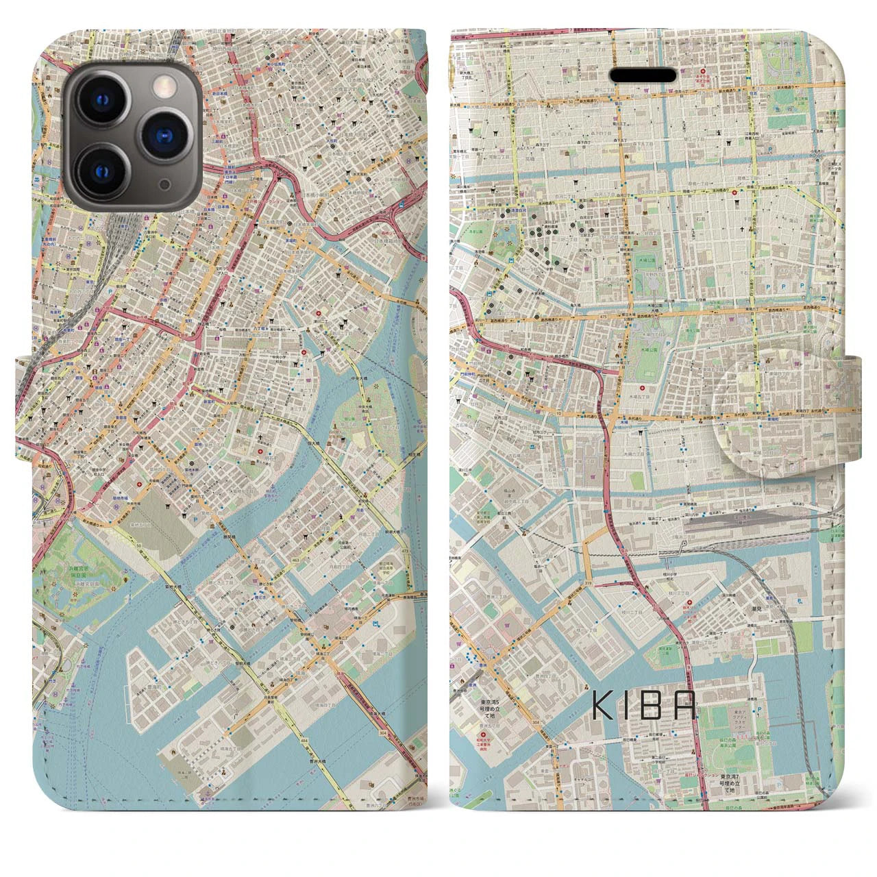 【木場】地図柄iPhoneケース（手帳両面タイプ・ナチュラル）iPhone 11 Pro Max 用