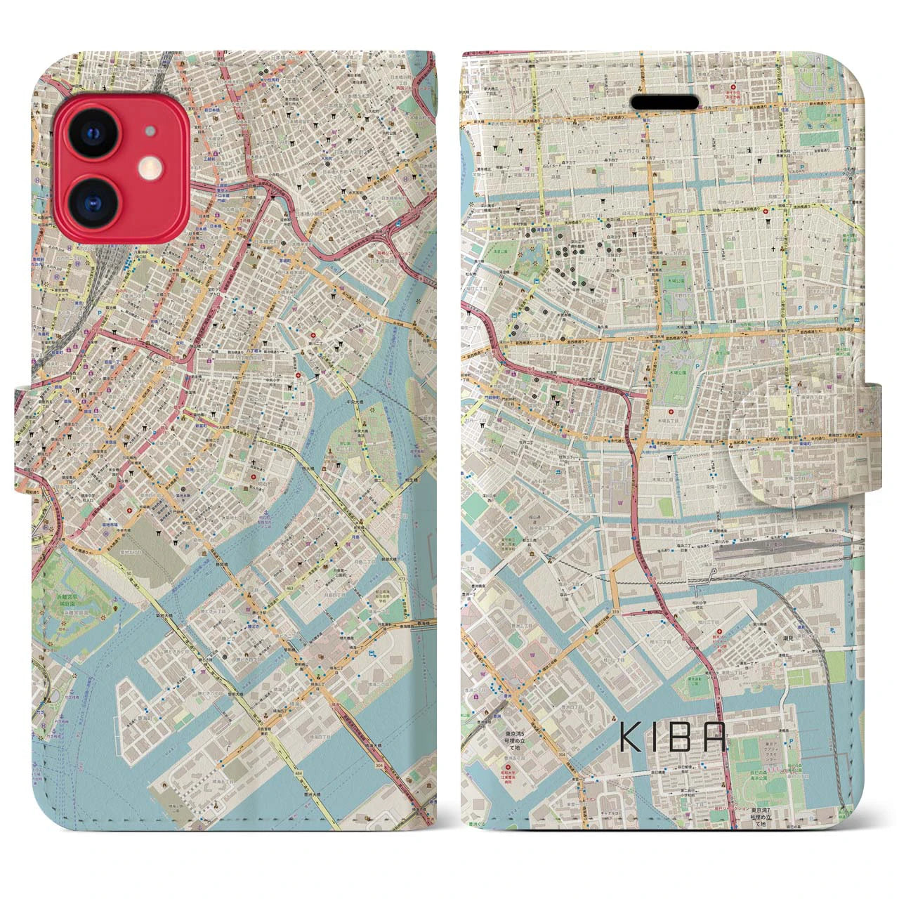 【木場】地図柄iPhoneケース（手帳両面タイプ・ナチュラル）iPhone 11 用