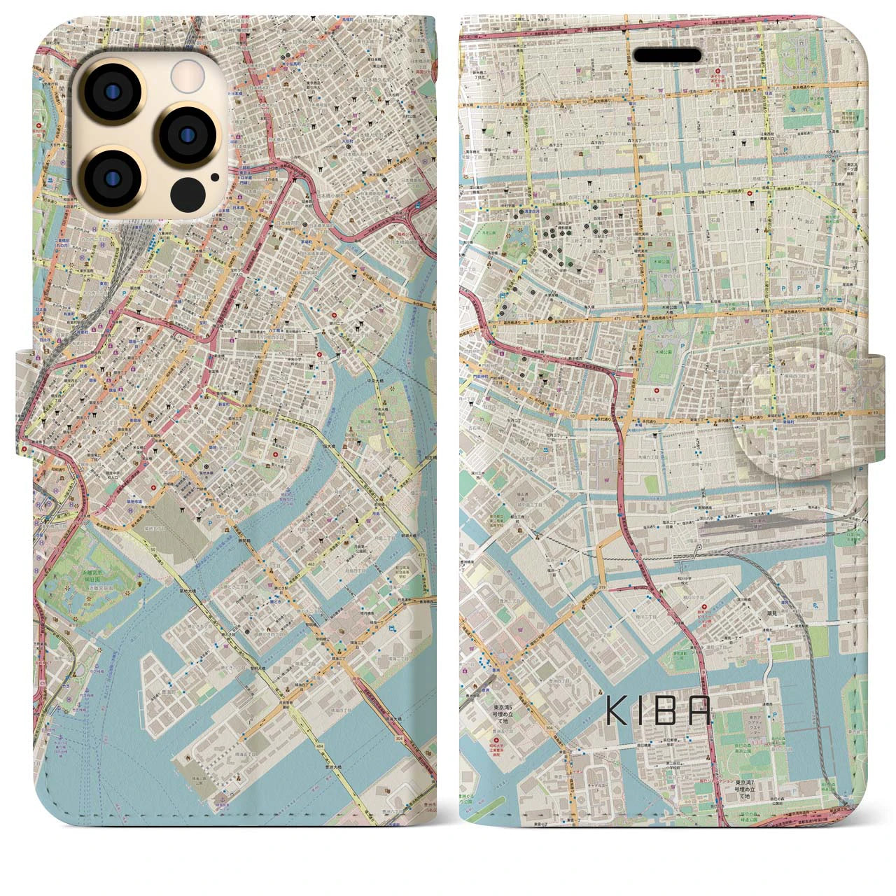 【木場】地図柄iPhoneケース（手帳両面タイプ・ナチュラル）iPhone 12 Pro Max 用