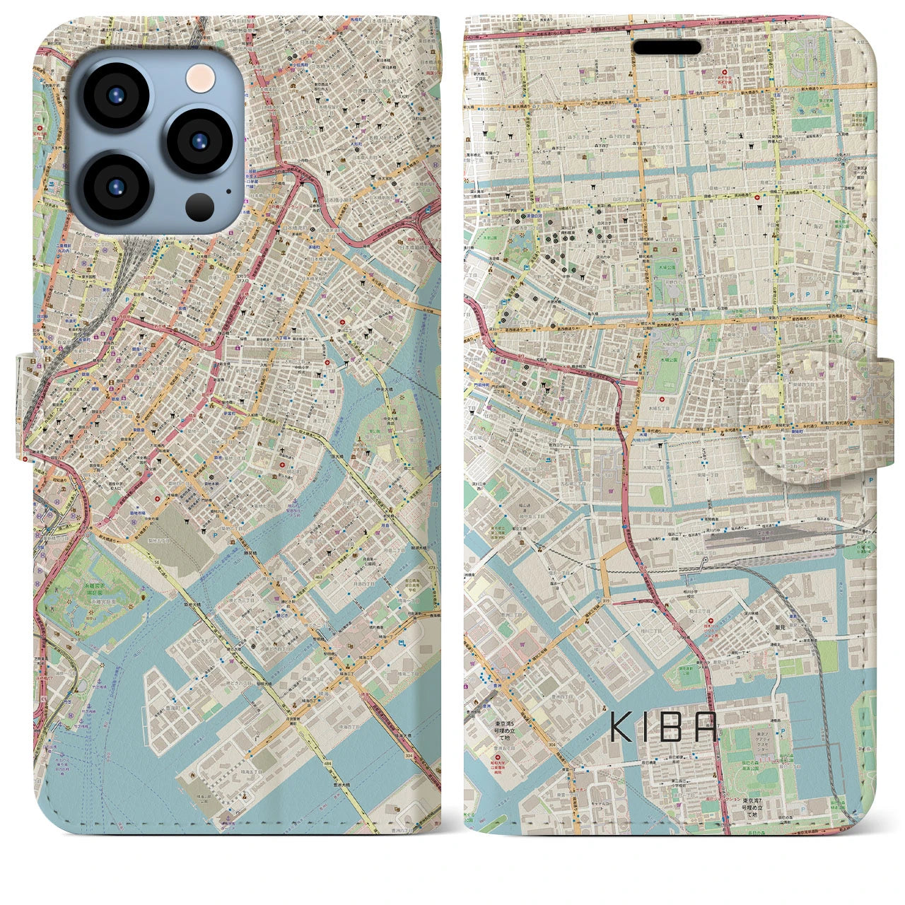 【木場】地図柄iPhoneケース（手帳両面タイプ・ナチュラル）iPhone 13 Pro Max 用
