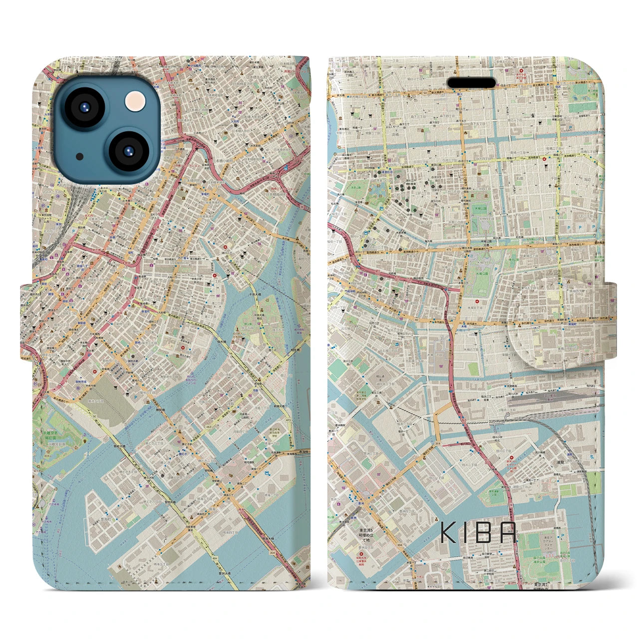 【木場】地図柄iPhoneケース（手帳両面タイプ・ナチュラル）iPhone 13 用