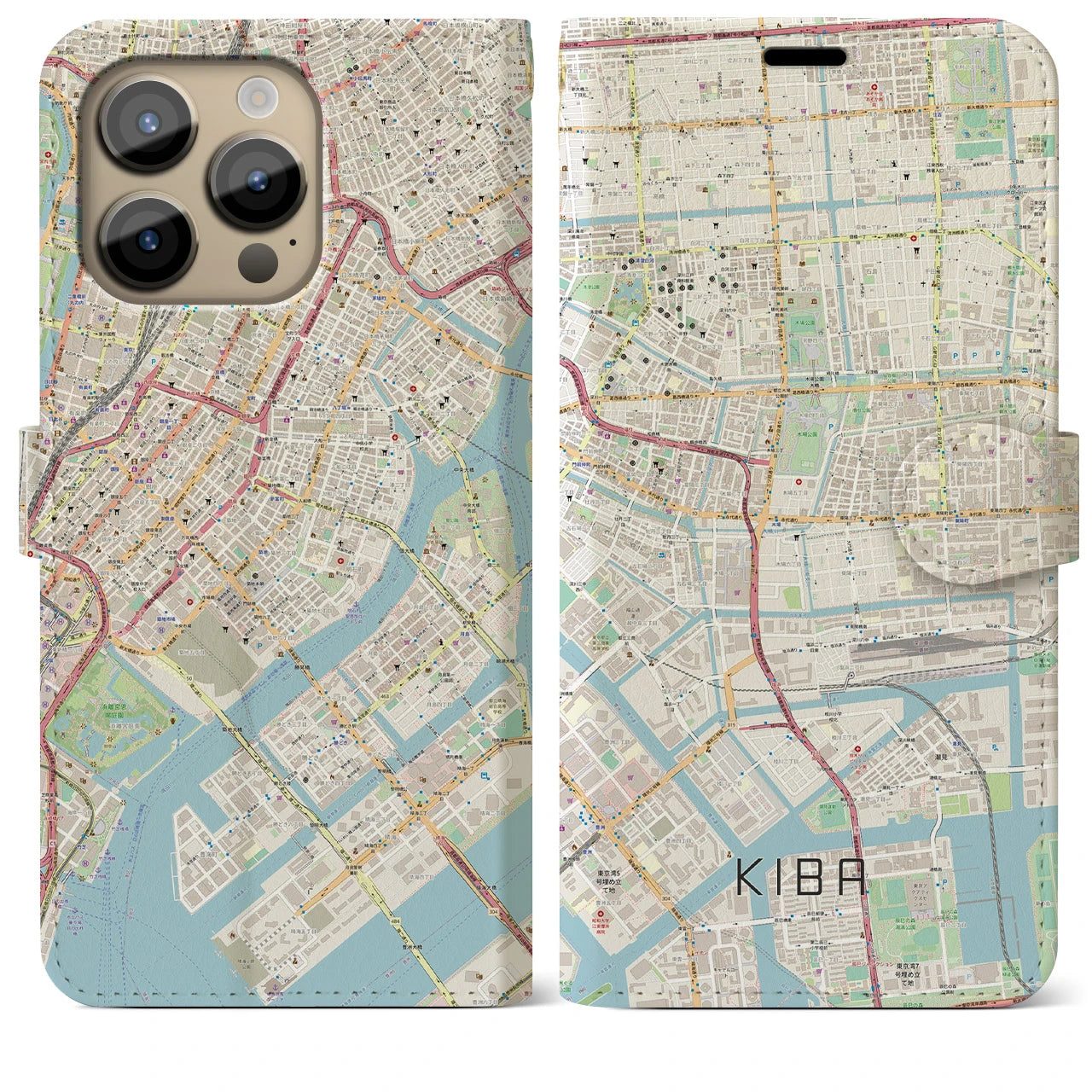 【木場】地図柄iPhoneケース（手帳両面タイプ・ナチュラル）iPhone 14 Pro Max 用