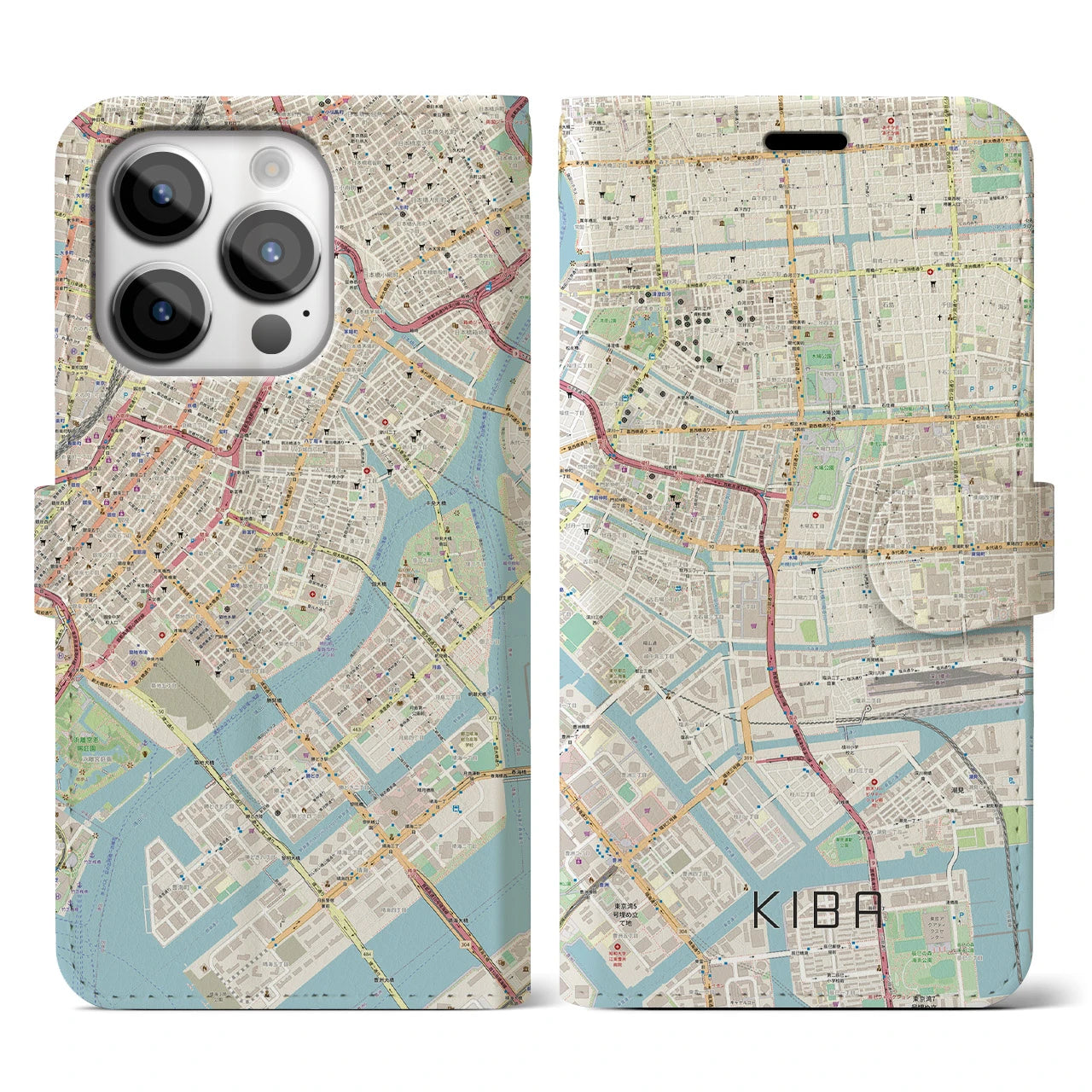 【木場】地図柄iPhoneケース（手帳両面タイプ・ナチュラル）iPhone 14 Pro 用