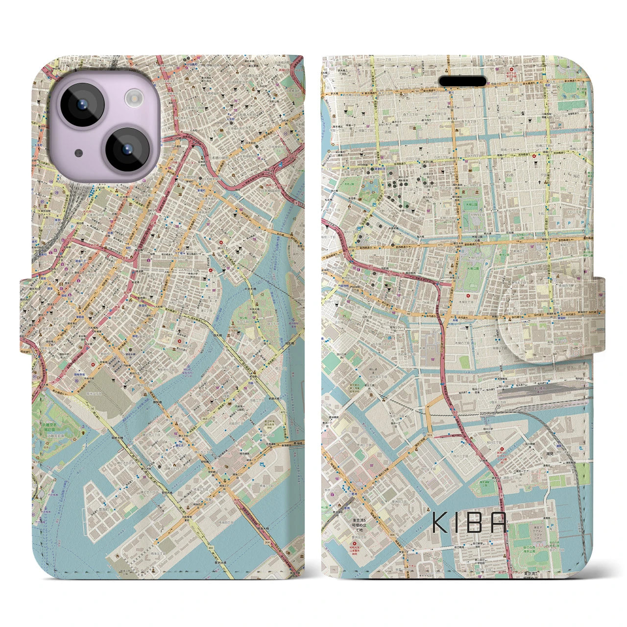 【木場】地図柄iPhoneケース（手帳両面タイプ・ナチュラル）iPhone 14 用