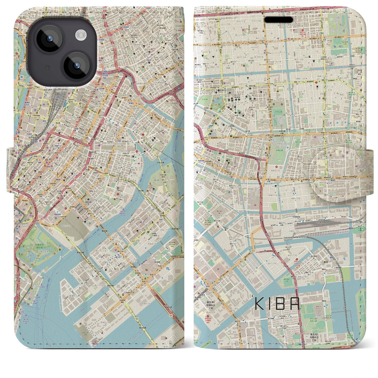 【木場】地図柄iPhoneケース（手帳両面タイプ・ナチュラル）iPhone 14 Plus 用