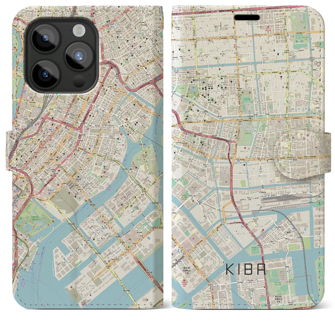 【木場】地図柄iPhoneケース（手帳両面タイプ・ナチュラル）iPhone 15 Pro Max 用