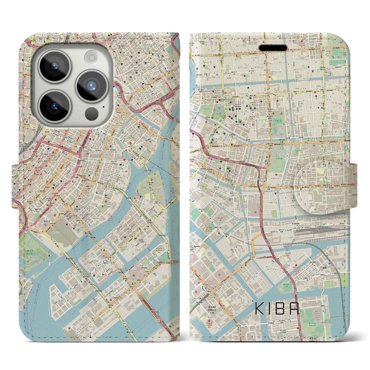 【木場】地図柄iPhoneケース（手帳両面タイプ・ナチュラル）iPhone 15 Pro 用