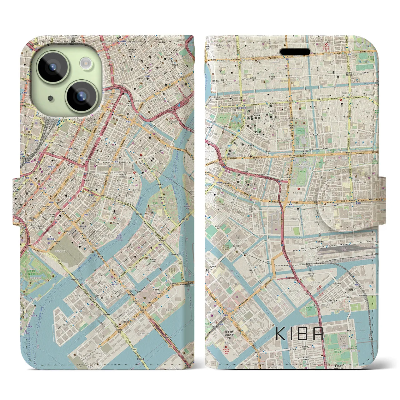 【木場】地図柄iPhoneケース（手帳両面タイプ・ナチュラル）iPhone 15 用