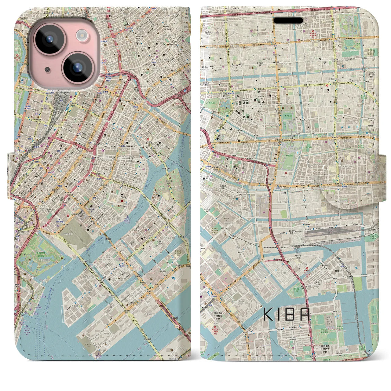 【木場】地図柄iPhoneケース（手帳両面タイプ・ナチュラル）iPhone 15 Plus 用