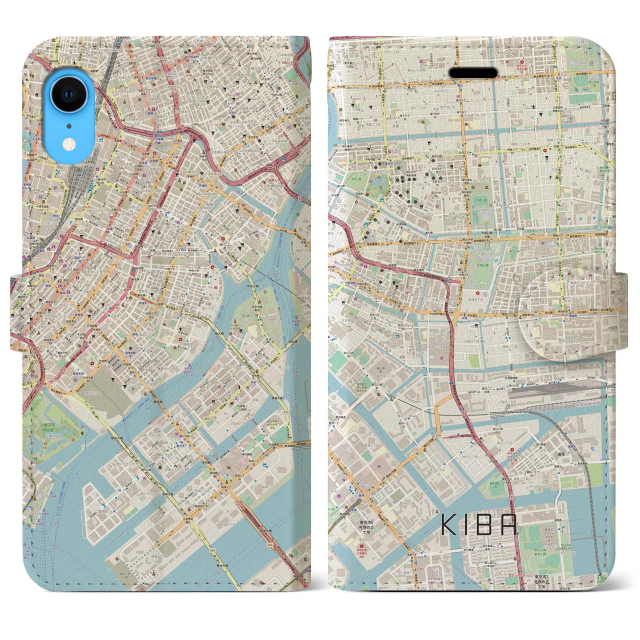 【木場】地図柄iPhoneケース（手帳両面タイプ・ナチュラル）iPhone XR 用