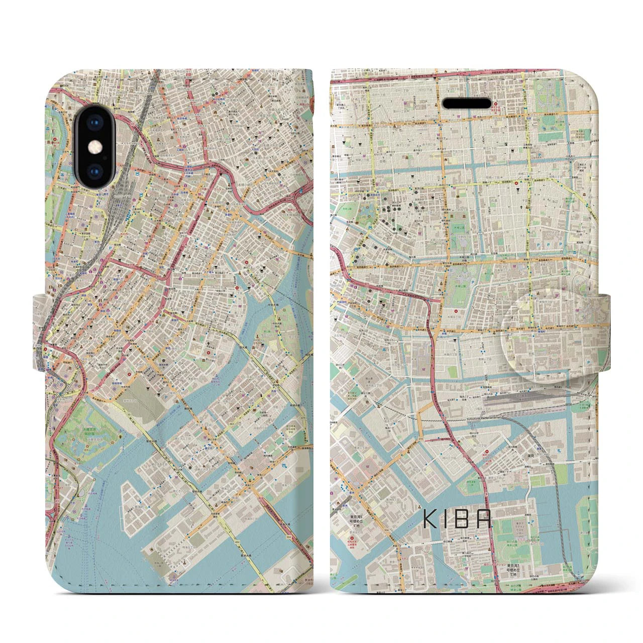 【木場】地図柄iPhoneケース（手帳両面タイプ・ナチュラル）iPhone XS / X 用