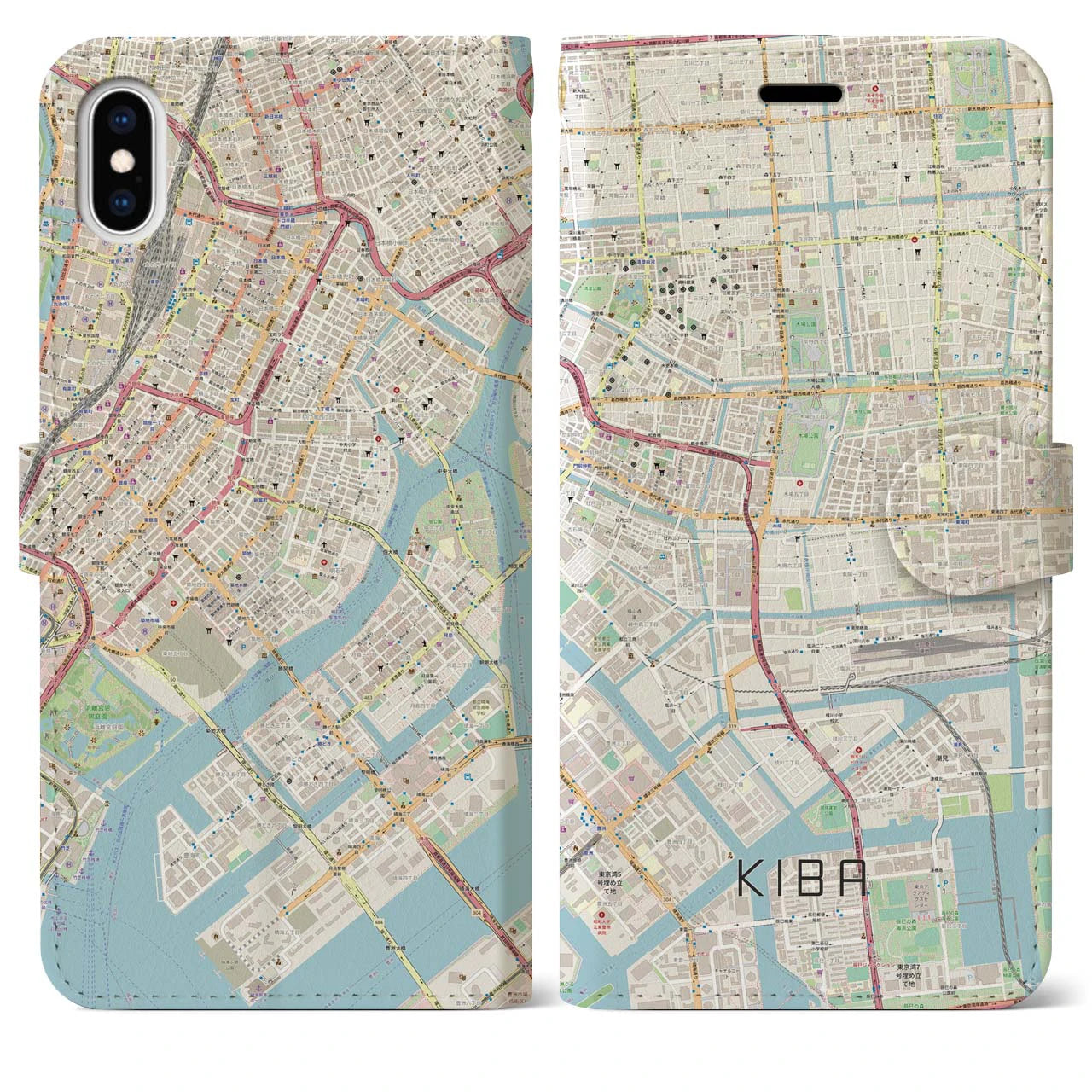 【木場】地図柄iPhoneケース（手帳両面タイプ・ナチュラル）iPhone XS Max 用