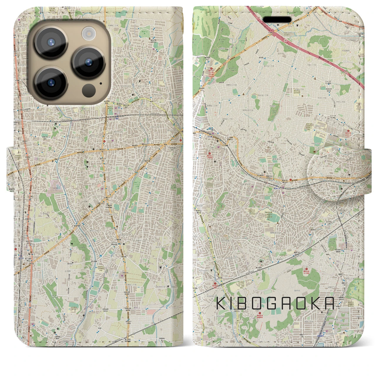 【希望ヶ丘】地図柄iPhoneケース（手帳両面タイプ・ナチュラル）iPhone 14 Pro Max 用