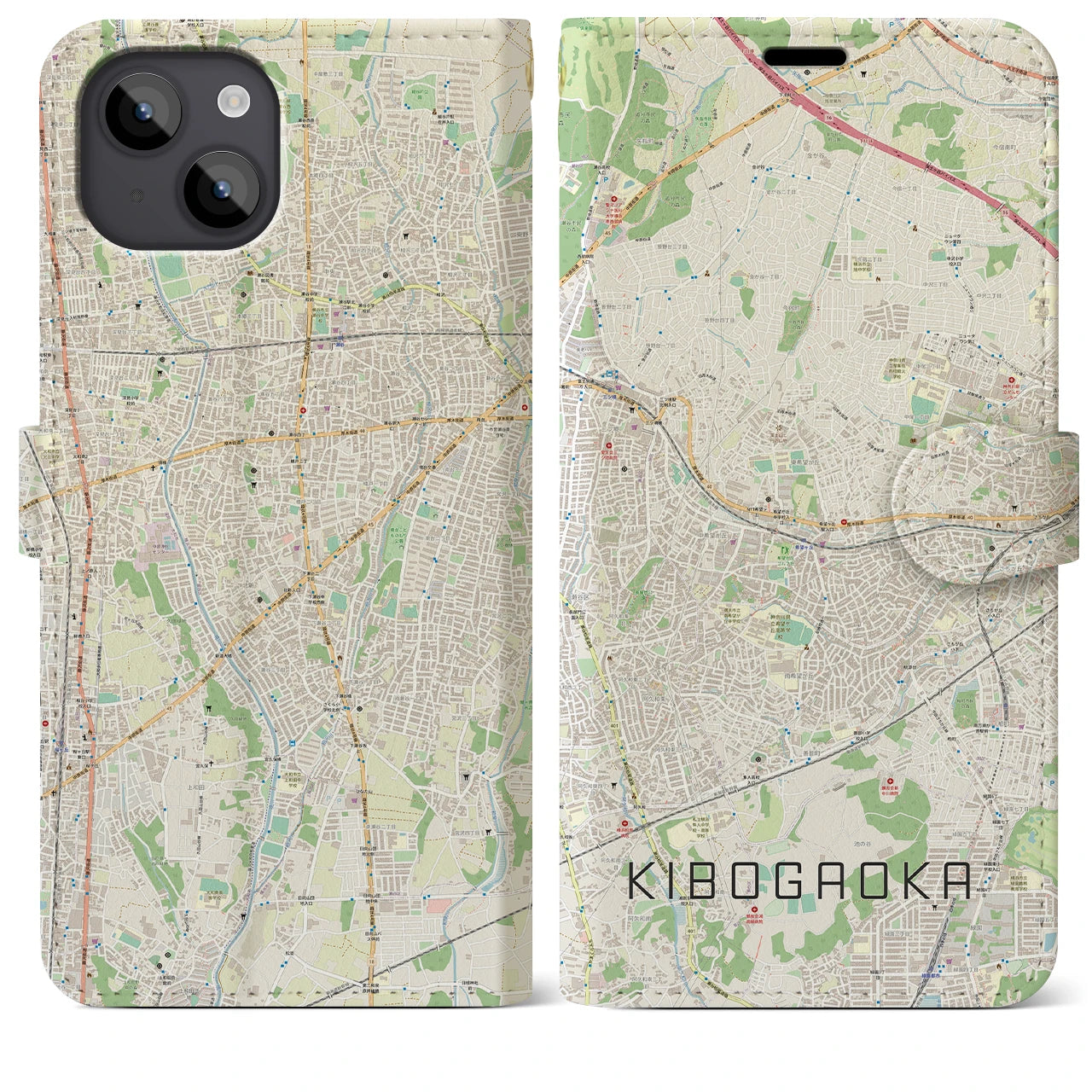 【希望ヶ丘（神奈川県）】地図柄iPhoneケース（手帳タイプ）ナチュラル・iPhone 14 Plus 用