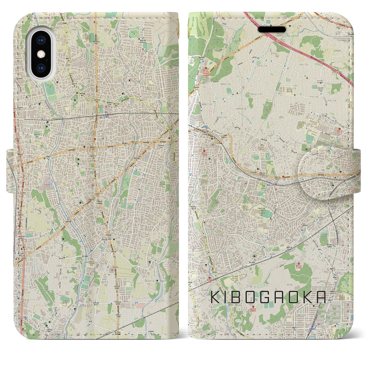 【希望ヶ丘】地図柄iPhoneケース（手帳両面タイプ・ナチュラル）iPhone XS Max 用