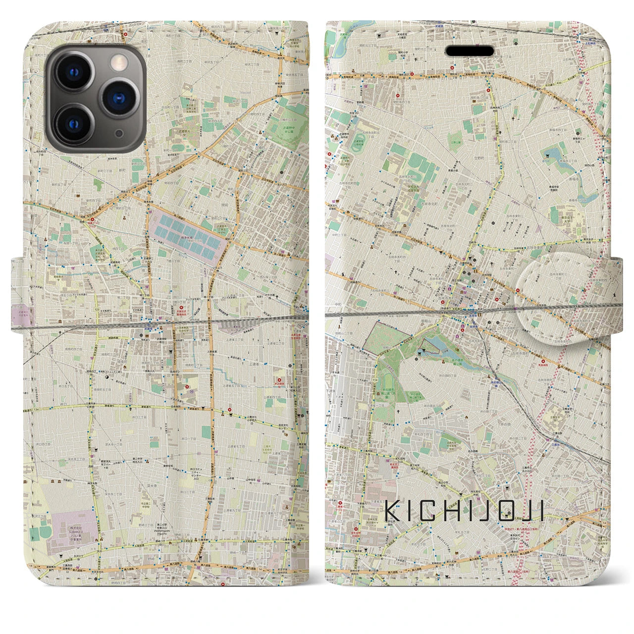 【吉祥寺2】地図柄iPhoneケース（手帳両面タイプ・ナチュラル）iPhone 11 Pro Max 用