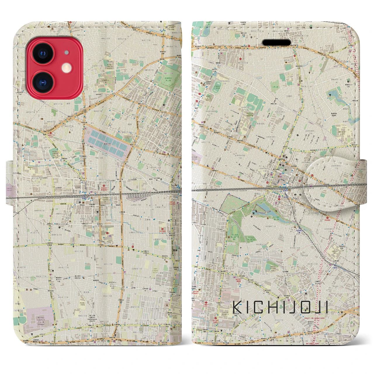 【吉祥寺2】地図柄iPhoneケース（手帳両面タイプ・ナチュラル）iPhone 11 用